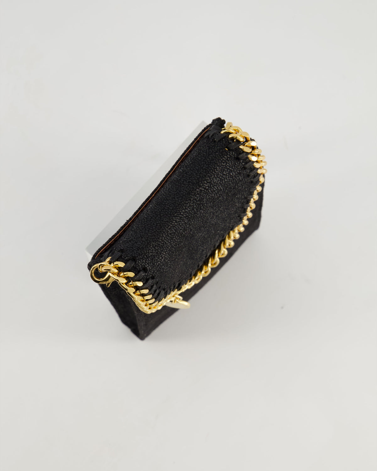 Stella McCartney Black Vegan Leather Falabella Cross-Body Phone Pouch with Gold Chain Detail
