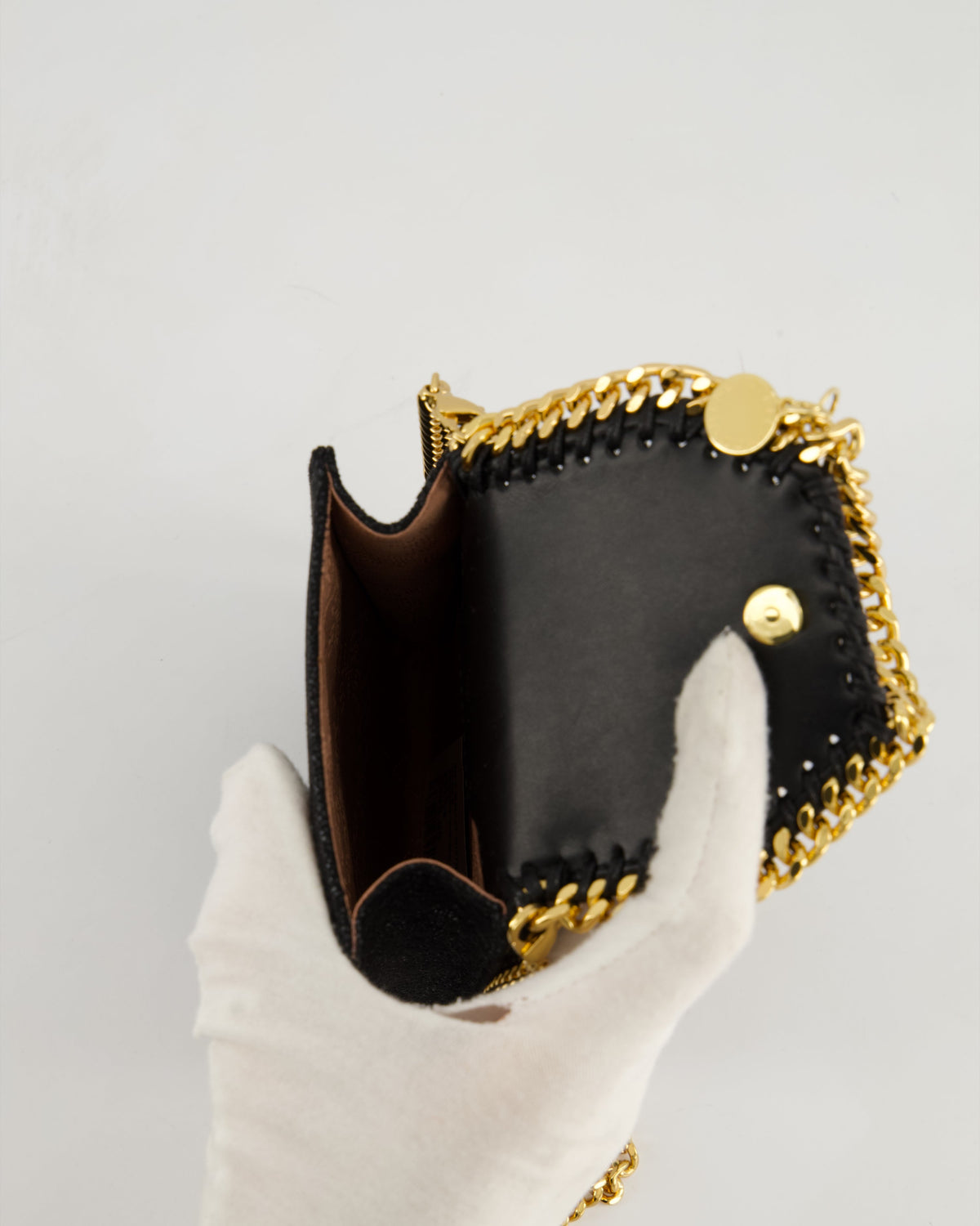 Stella McCartney Black Vegan Leather Falabella Cross-Body Phone Pouch with Gold Chain Detail
