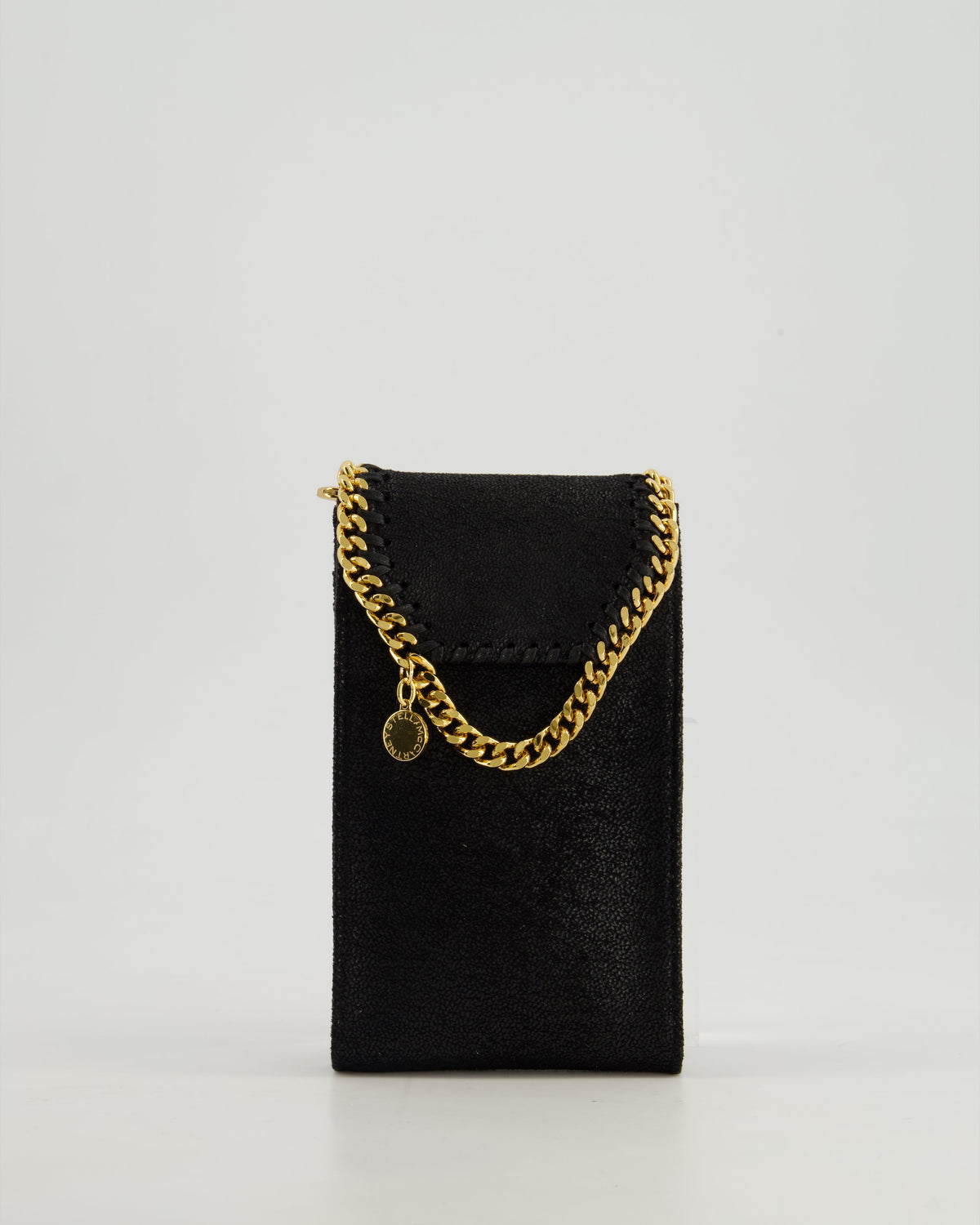 Stella McCartney Black Vegan Leather Falabella Cross-Body Phone Pouch with Gold Chain Detail