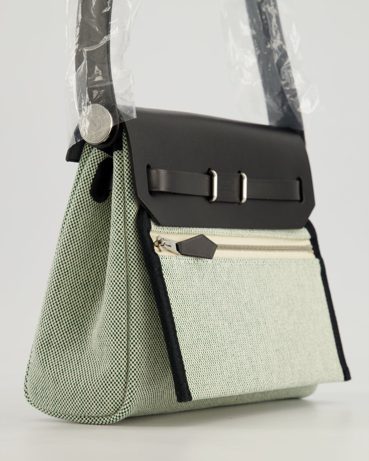 *NEW RELEASE & FIRE PRICE* Hermès Herbag Zip 20 Bag in Ecru, Vert Viking Canvas & Noir Vache Hunter Leather with Palladium Hardware