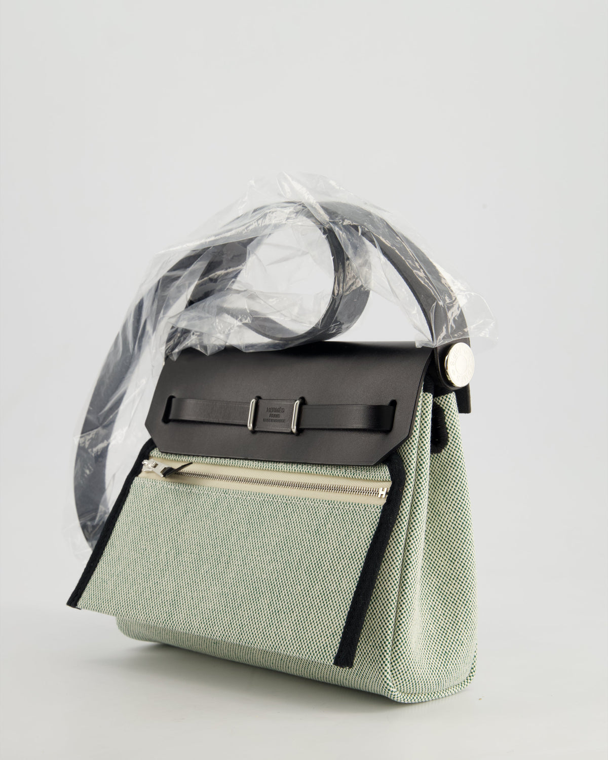 *NEW RELEASE & FIRE PRICE* Hermès Herbag Zip 20 Bag in Ecru, Vert Viking Canvas & Noir Vache Hunter Leather with Palladium Hardware