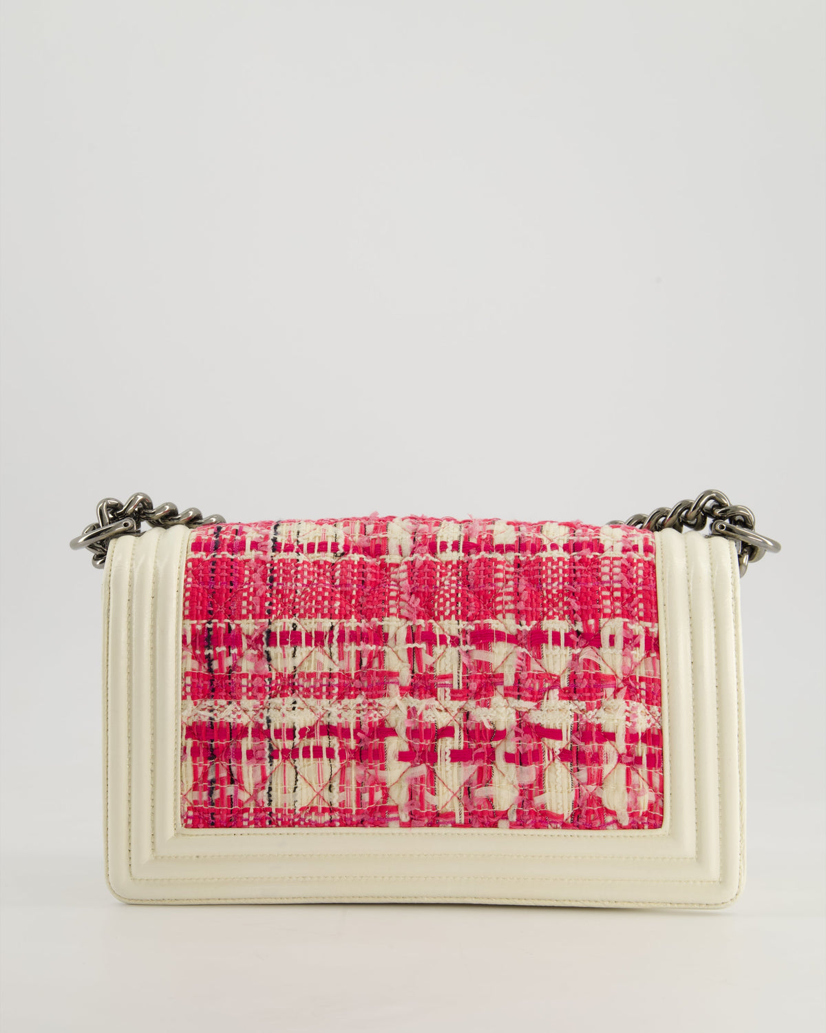 Chanel White and Pink Medium Boy Bag in Patent Leather and Tweed with Ruthenium Hardware