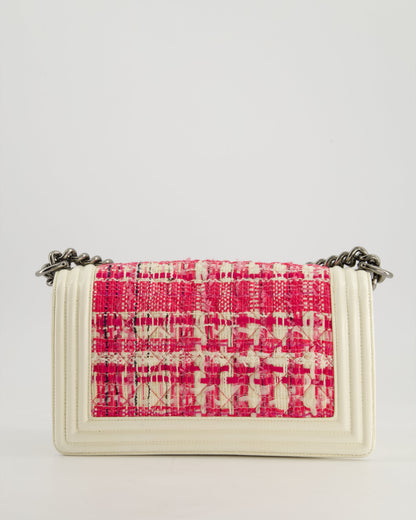 Chanel White and Pink Medium Boy Bag in Patent Leather and Tweed with Ruthenium Hardware