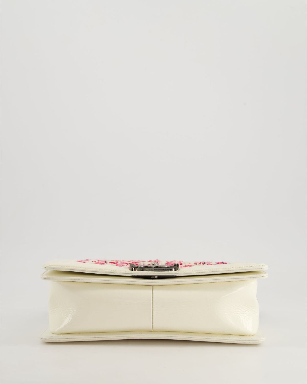 Chanel White and Pink Medium Boy Bag in Patent Leather and Tweed with Ruthenium Hardware