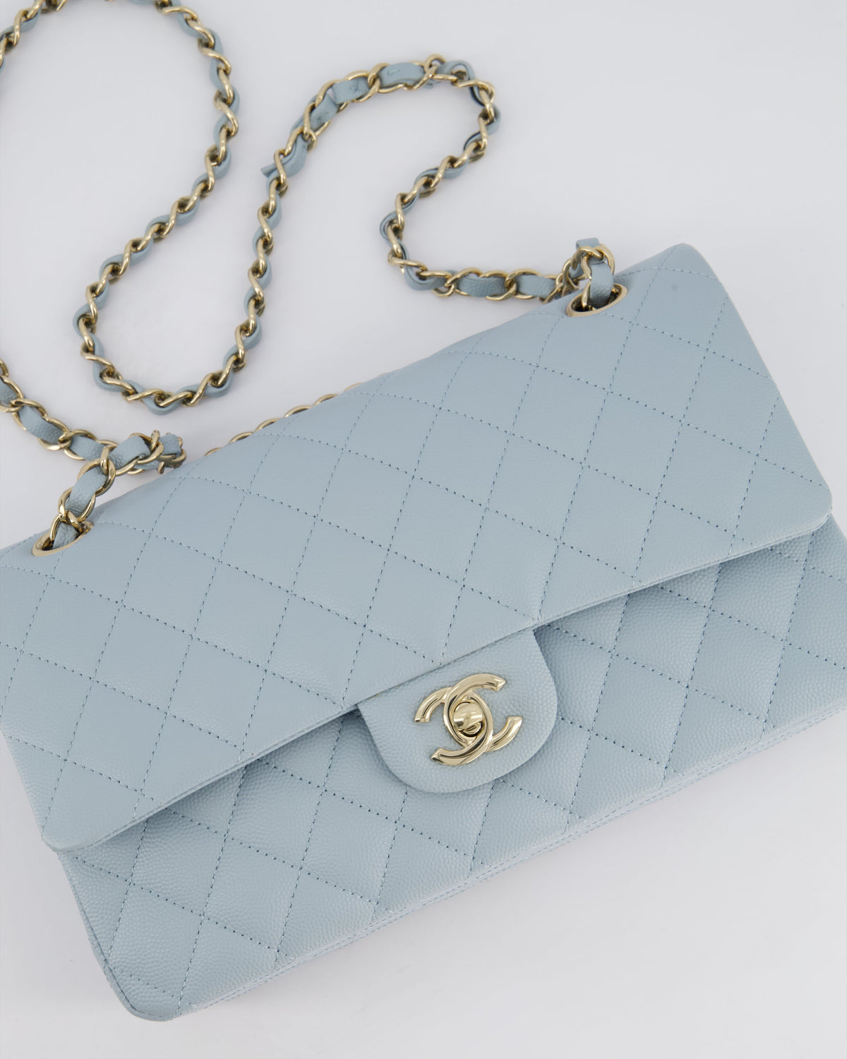 *HOT* Chanel Baby Blue Medium Classic Double Flap Bag in Caviar Leather with Champagne Gold Hardware