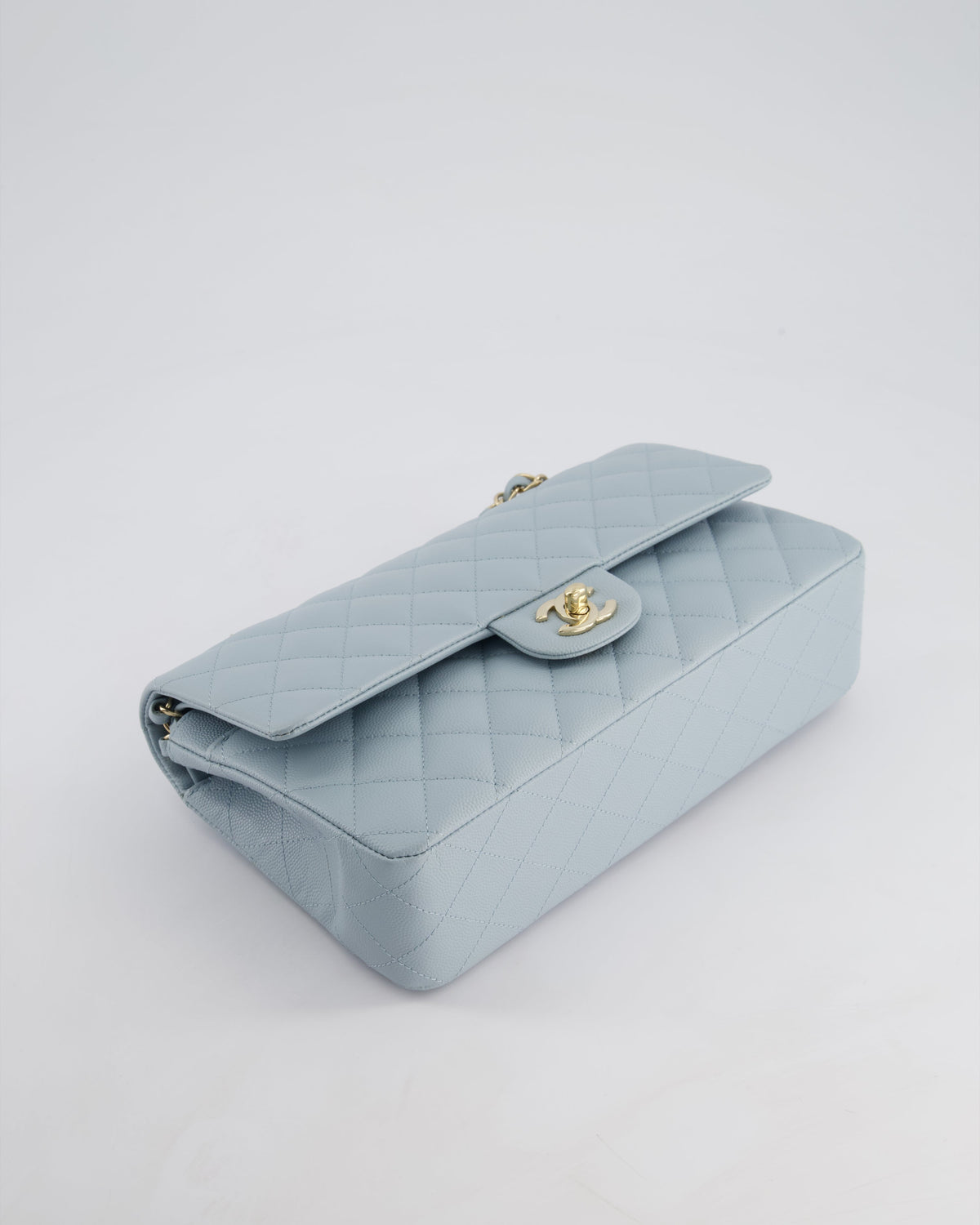 *HOT* Chanel Baby Blue Medium Classic Double Flap Bag in Caviar Leather with Champagne Gold Hardware
