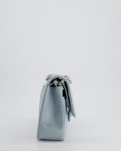 *HOT* Chanel Baby Blue Medium Classic Double Flap Bag in Caviar Leather with Champagne Gold Hardware
