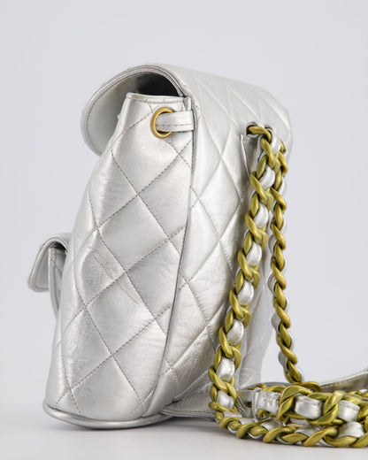 *RARE* Chanel Metallic Silver Vintage Mini Duma Backpack Bag in Lambskin Leather with 24K Gold Hardware