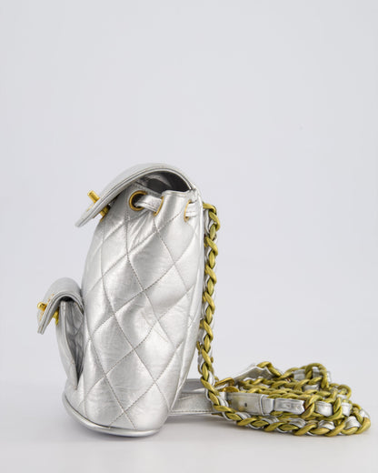 *RARE* Chanel Metallic Silver Vintage Mini Duma Backpack Bag in Lambskin Leather with 24K Gold Hardware
