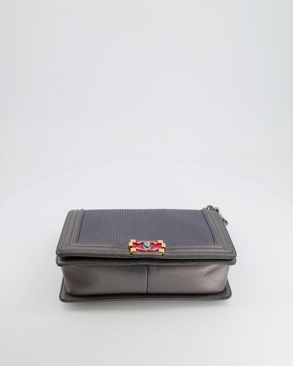 Chanel Grey Silver Medium Cube Calfskin Boy Bag with Silver, Gold and Red Hardware Hardware