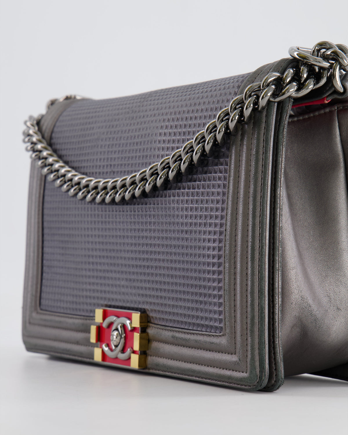 Chanel Grey Silver Medium Cube Calfskin Boy Bag with Silver, Gold and Red Hardware Hardware