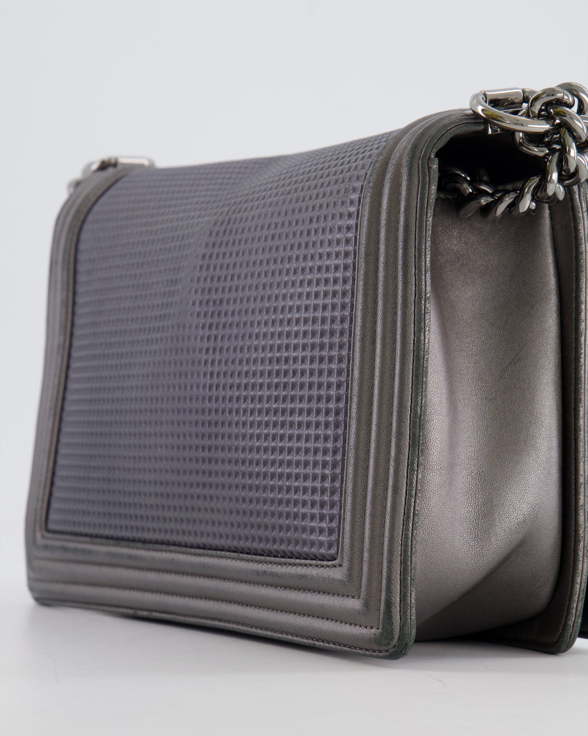 Chanel Grey Silver Medium Cube Calfskin Boy Bag with Silver, Gold and Red Hardware Hardware
