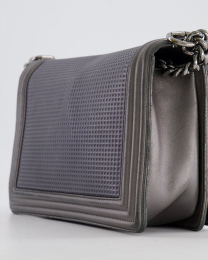 Chanel Grey Silver Medium Cube Calfskin Boy Bag with Silver, Gold and Red Hardware Hardware