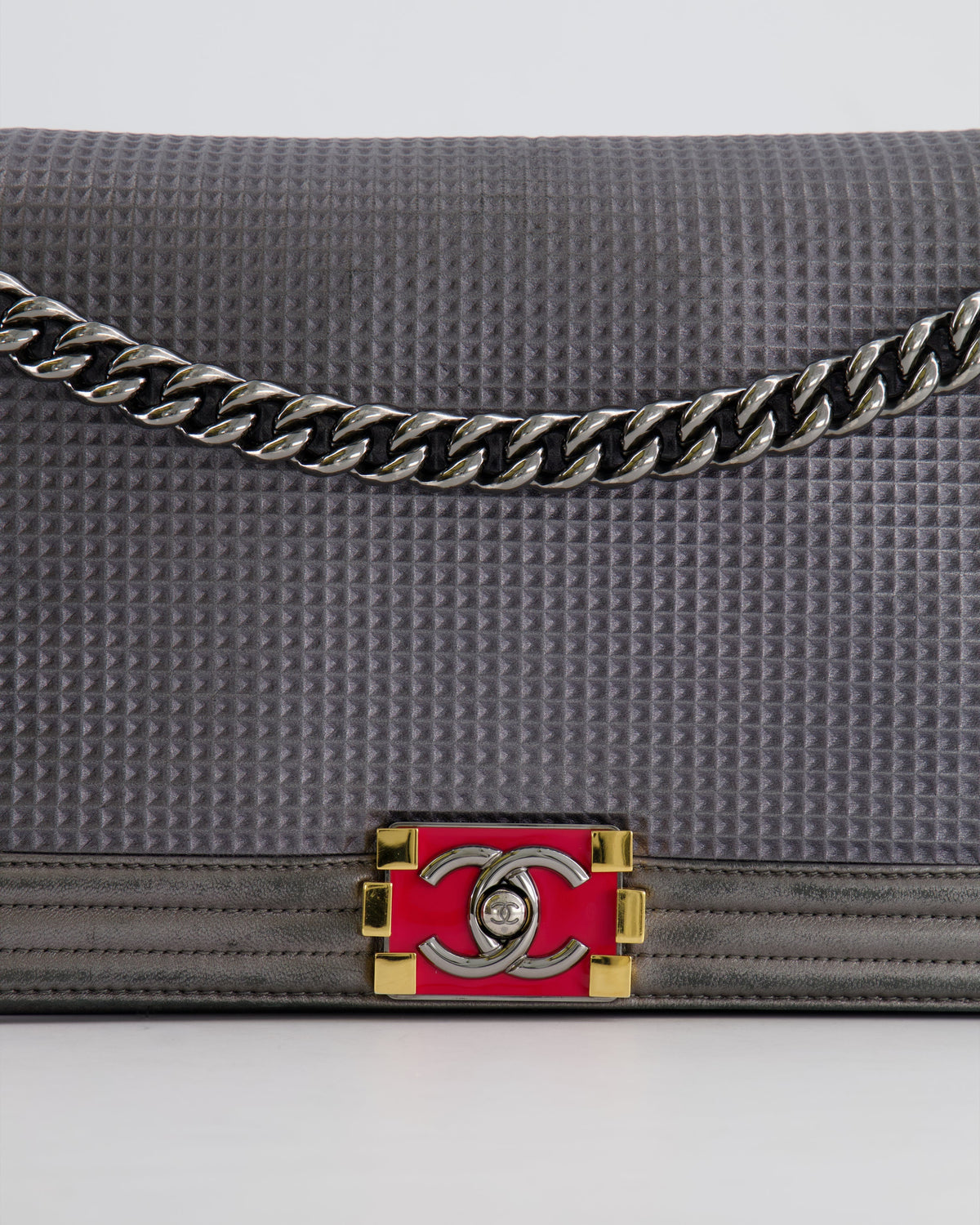 Chanel Grey Silver Medium Cube Calfskin Boy Bag with Silver, Gold and Red Hardware Hardware