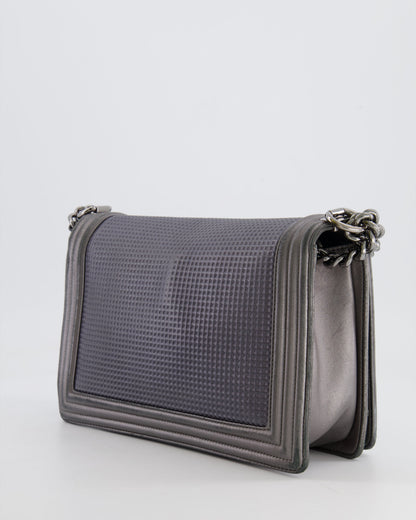 Chanel Grey Silver Medium Cube Calfskin Boy Bag with Silver, Gold and Red Hardware Hardware
