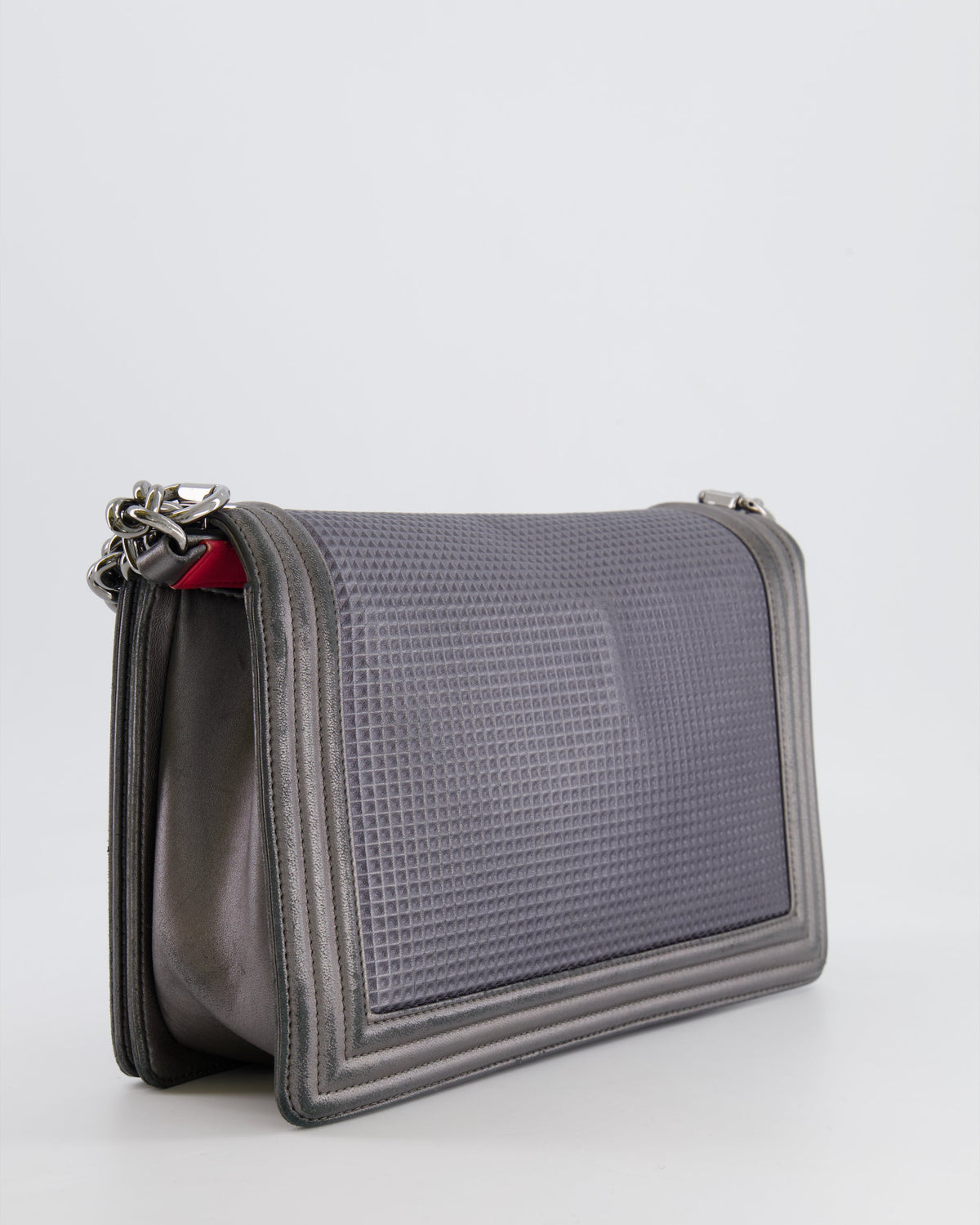 Chanel Grey Silver Medium Cube Calfskin Boy Bag with Silver, Gold and Red Hardware Hardware