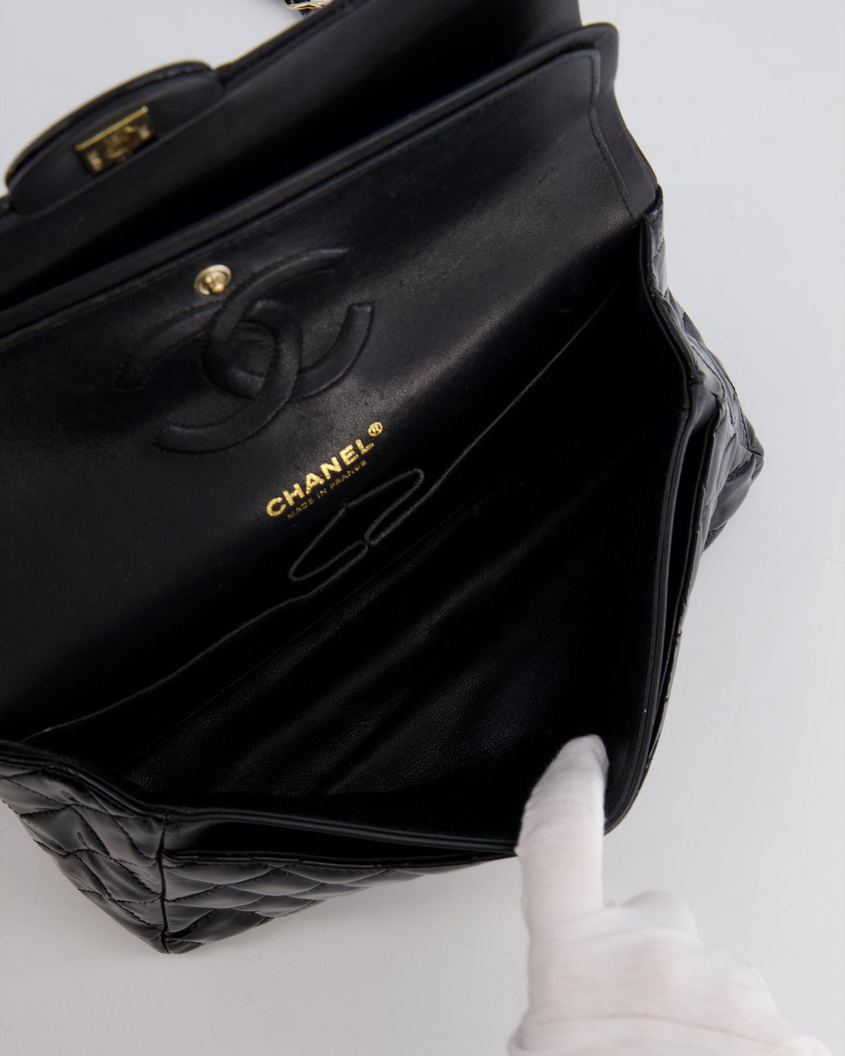 Chanel Black Medium Classic Double Flap Bag in Patent Leather with Gold Hardware