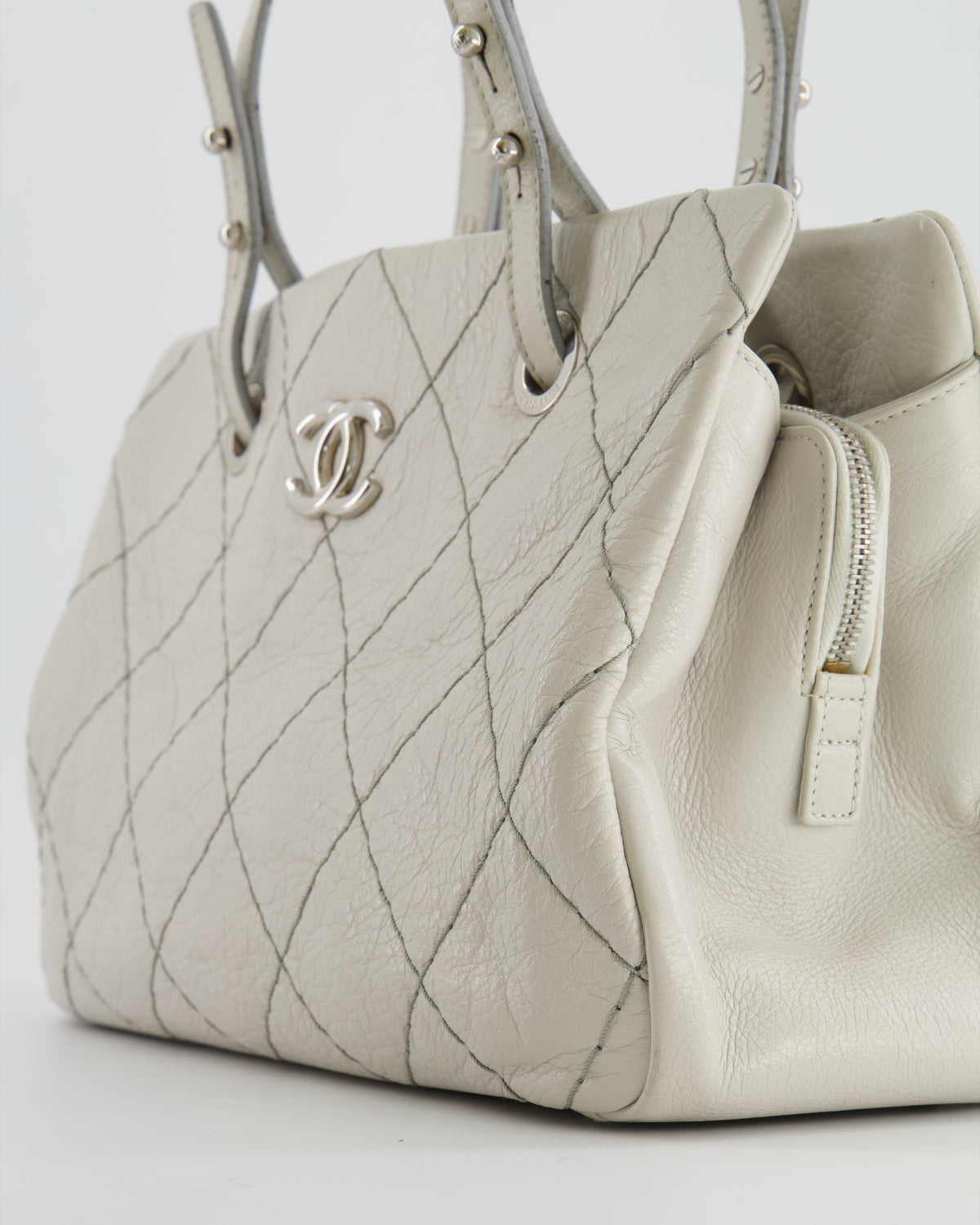 Chanel Light Grey Matelasse Leather Shoulder Tote Bag with Silver Hardware