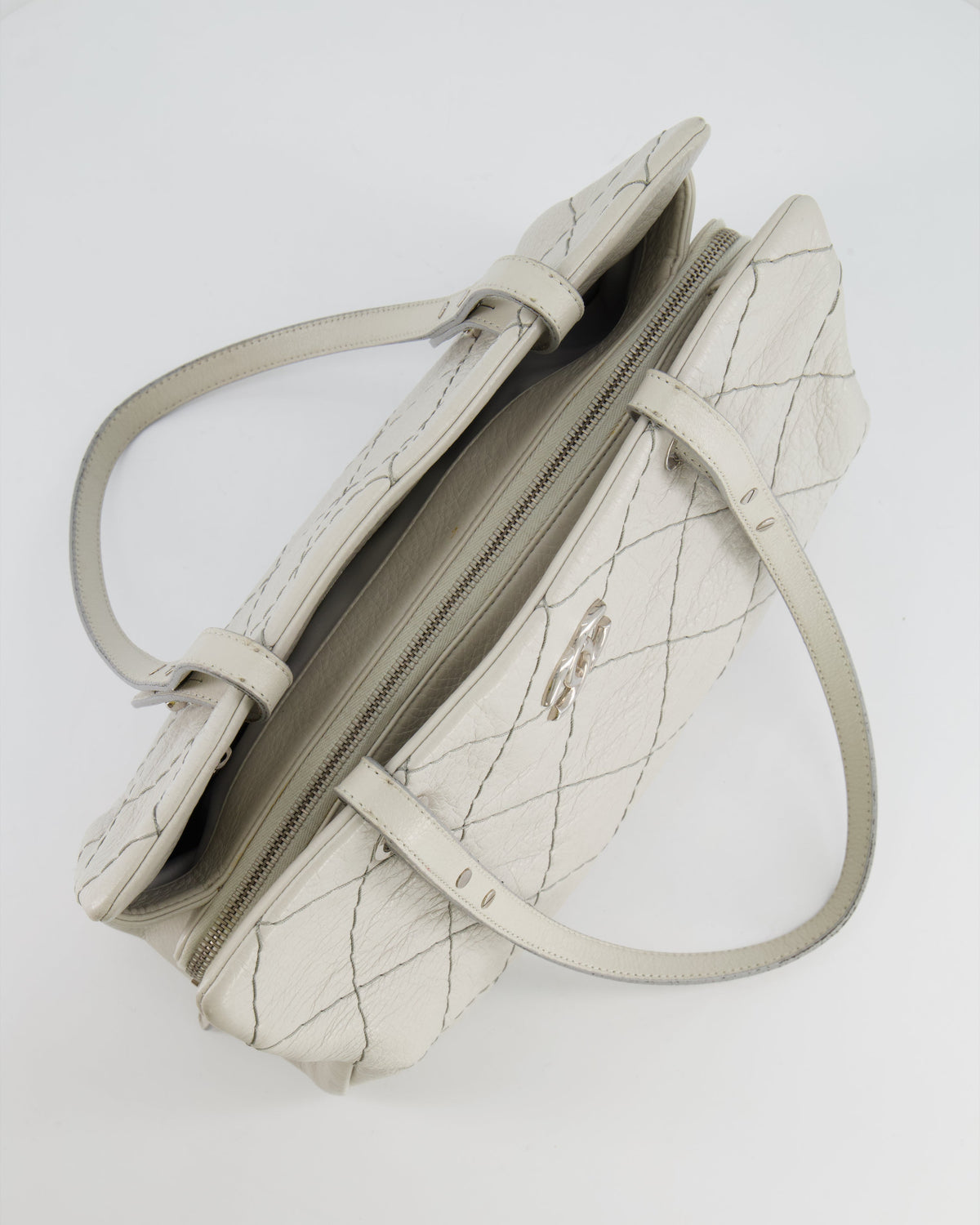 Chanel Light Grey Matelasse Leather Shoulder Tote Bag with Silver Hardware