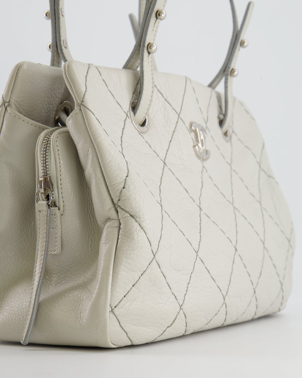 Chanel Light Grey Matelasse Leather Shoulder Tote Bag with Silver Hardware