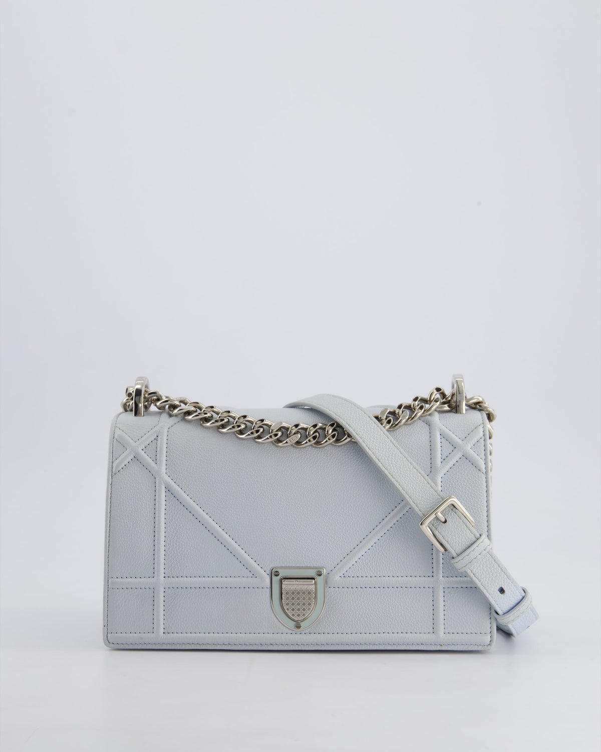 Christian Dior Baby Blue Small Diorama Flap Bag in Grained Calfskin Leather with Silver Hardware