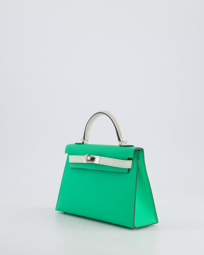 Hermès Mini Kelly II Tricolour 20cm Bag In Vert Comics, Vert Fizz and Gris Pale Epsom Leather with Palladium Hardware