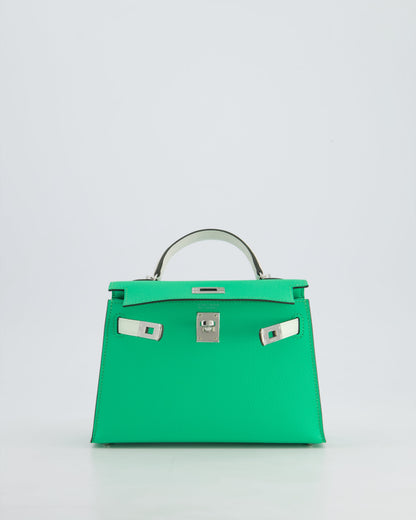 Hermès Mini Kelly II Tricolour 20cm Bag In Vert Comics, Vert Fizz and Gris Pale Epsom Leather with Palladium Hardware