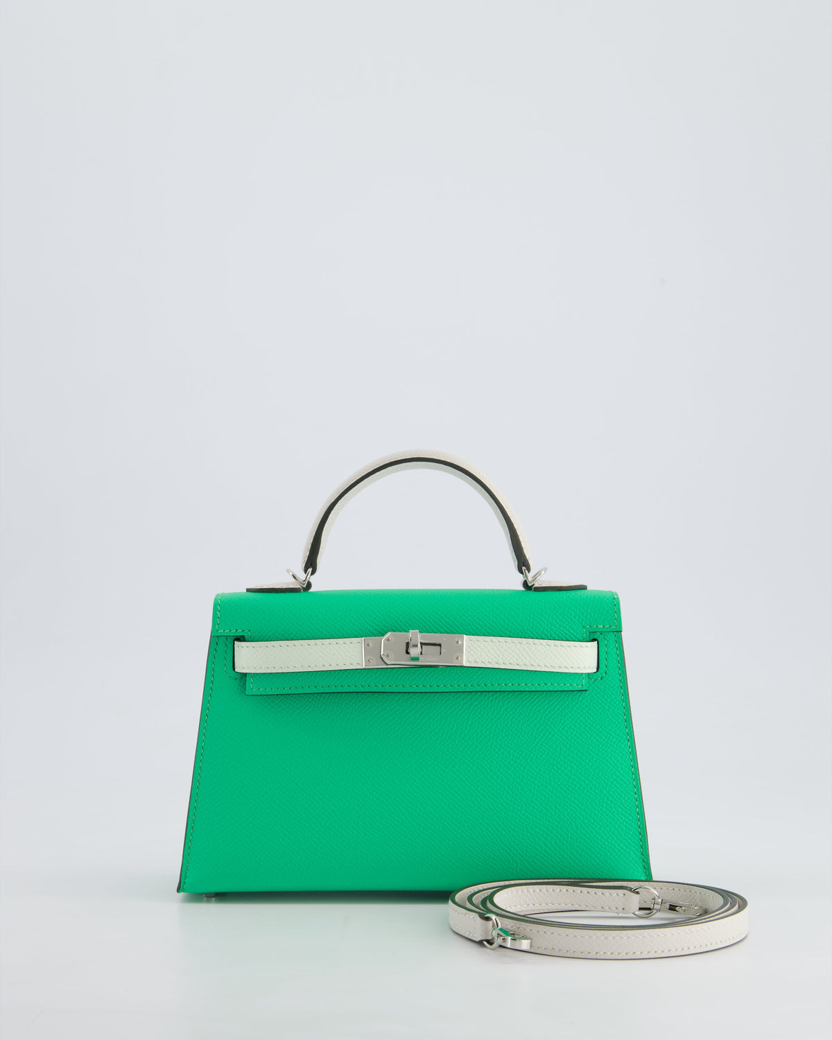 Hermès Mini Kelly II Tricolour 20cm Bag In Vert Comics, Vert Fizz and Gris Pale Epsom Leather with Palladium Hardware