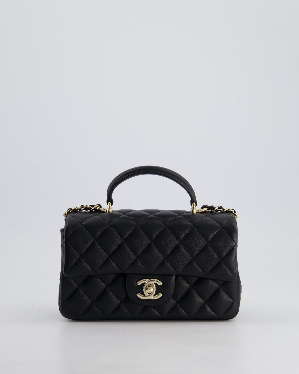 Chanel Black Mini Rectangular Top Handle Bag in Lambskin Leather with Champagne Gold Hardware