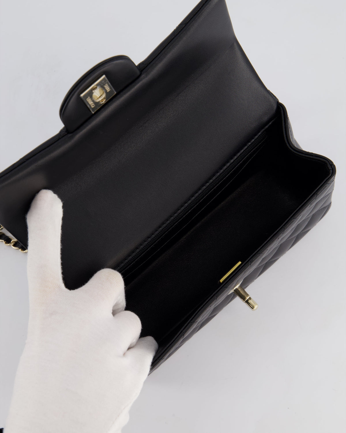 Chanel Black Mini Rectangular Top Handle Bag in Lambskin Leather with Champagne Gold Hardware
