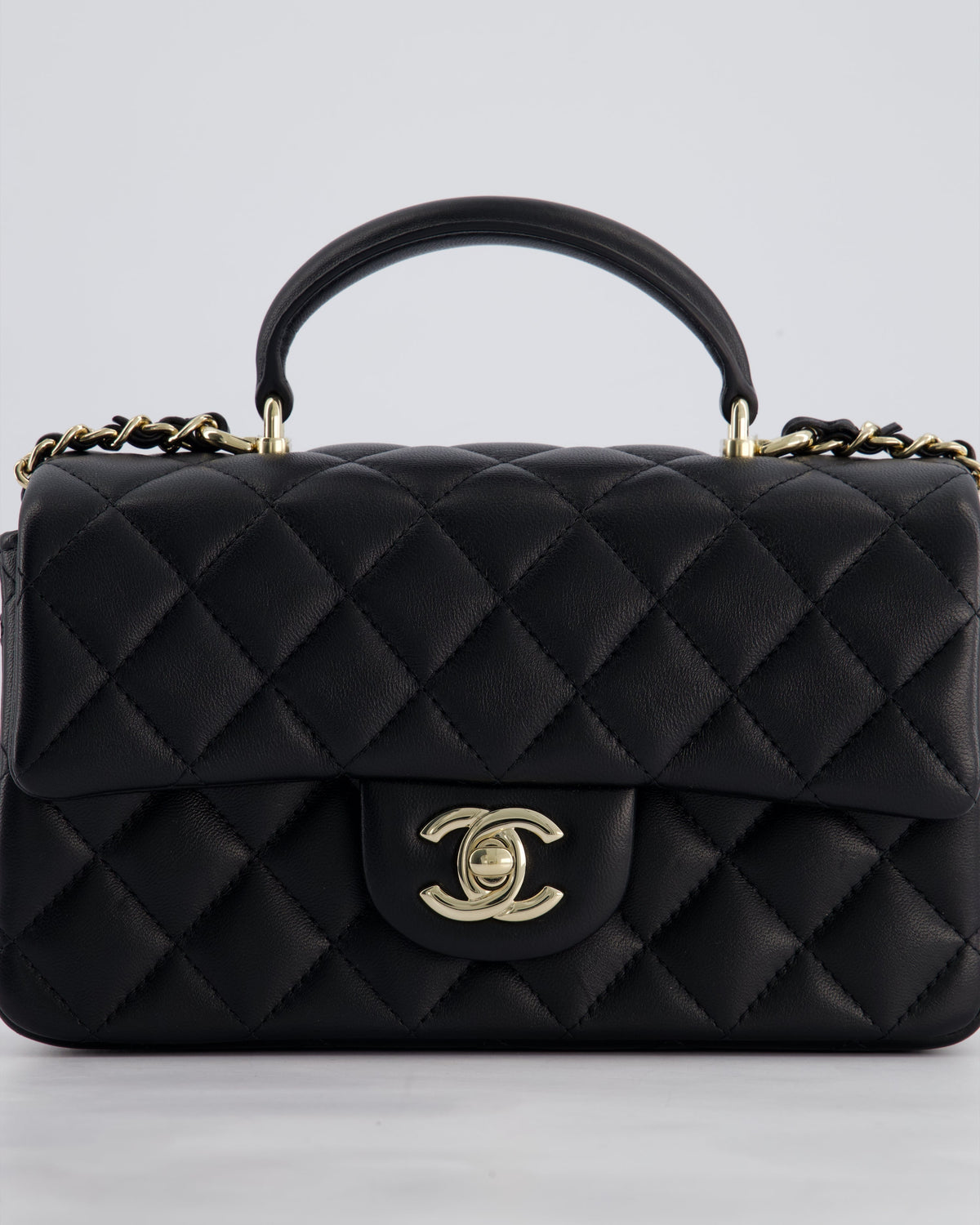 Chanel Black Mini Rectangular Top Handle Bag in Lambskin Leather with Champagne Gold Hardware