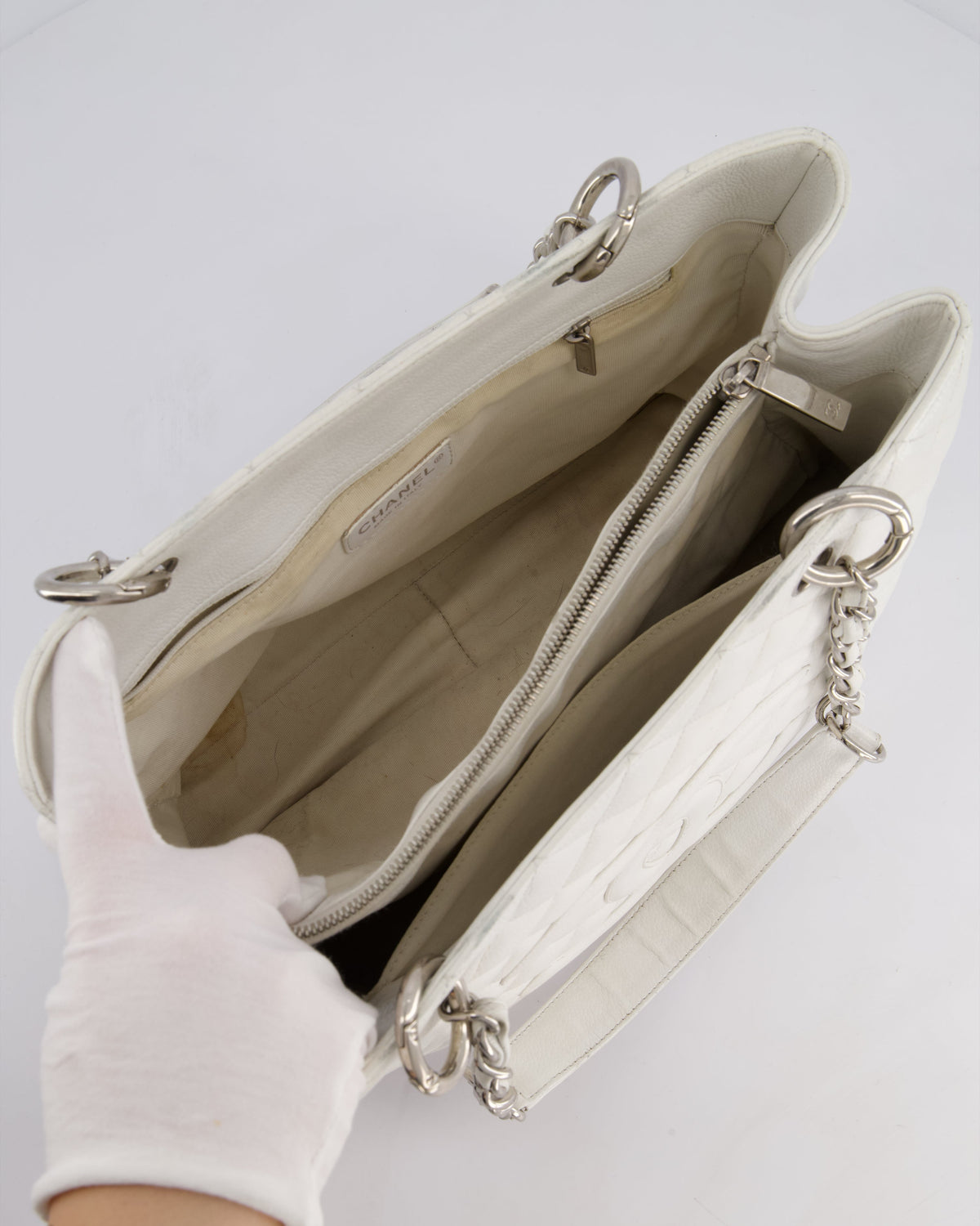 Chanel White GST Tote Bag in Caviar Leather with Silver Hardware