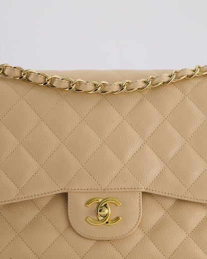 Chanel Beige Jumbo Classic Double Flap Bag in Caviar Leather with Gold Hardware