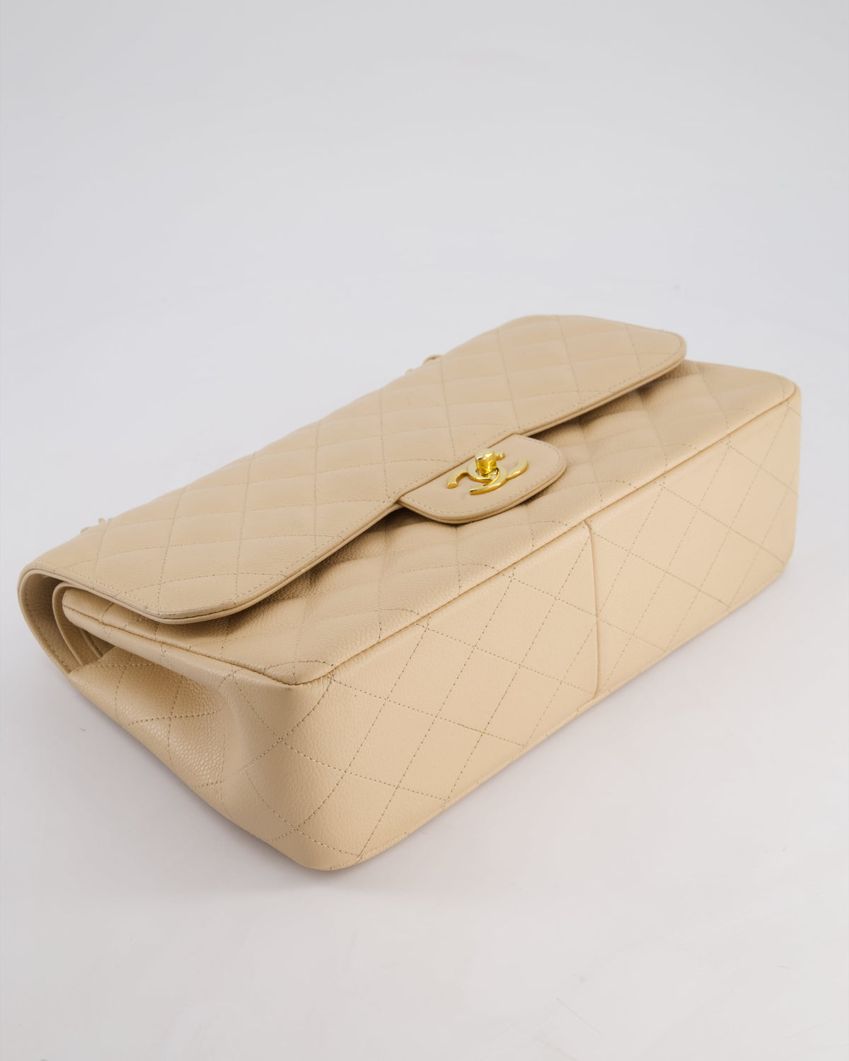 Chanel Beige Jumbo Classic Double Flap Bag in Caviar Leather with Gold Hardware