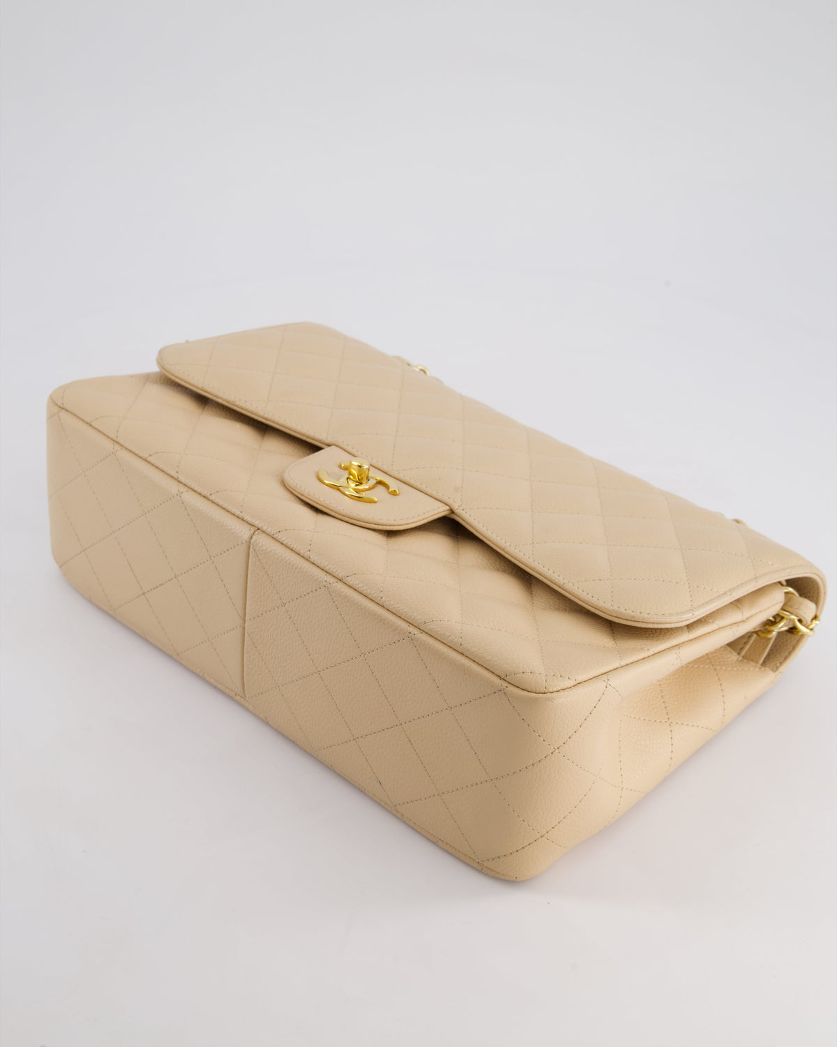 Chanel Beige Jumbo Classic Double Flap Bag in Caviar Leather with Gold Hardware