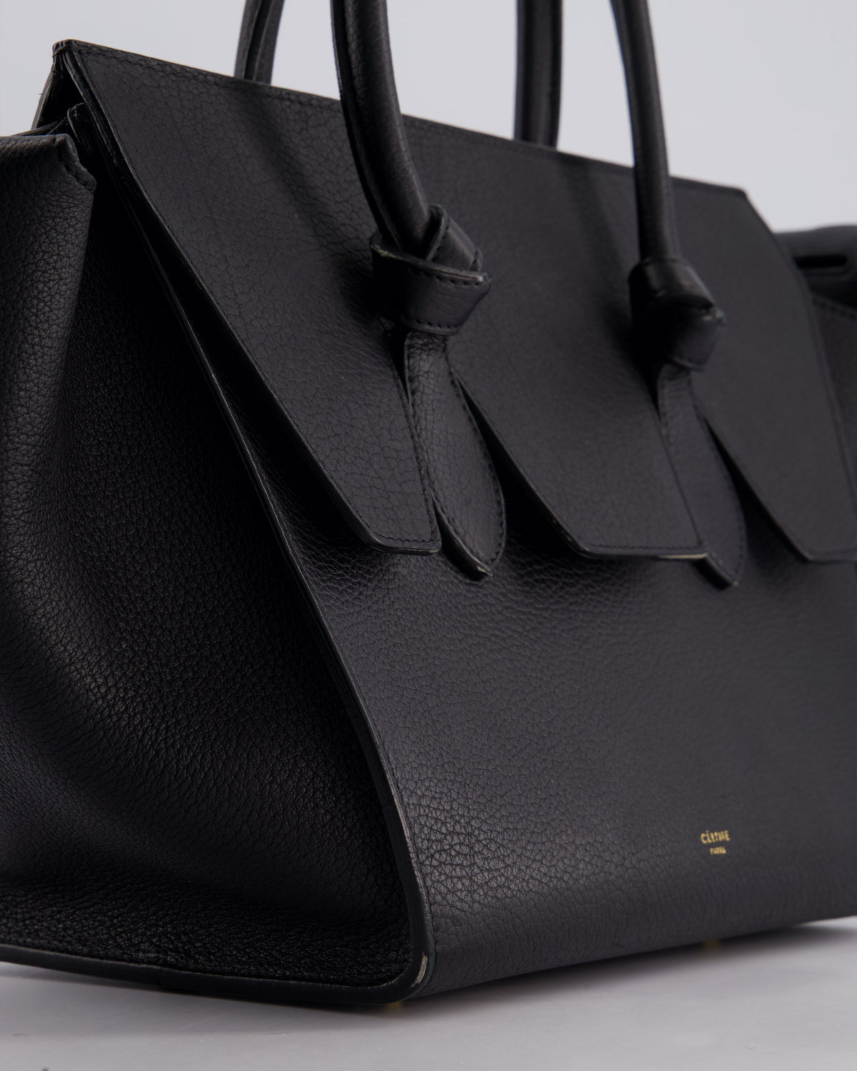 Celine Black Tie Knot Handbag in Grained Leather with Gold Hardware