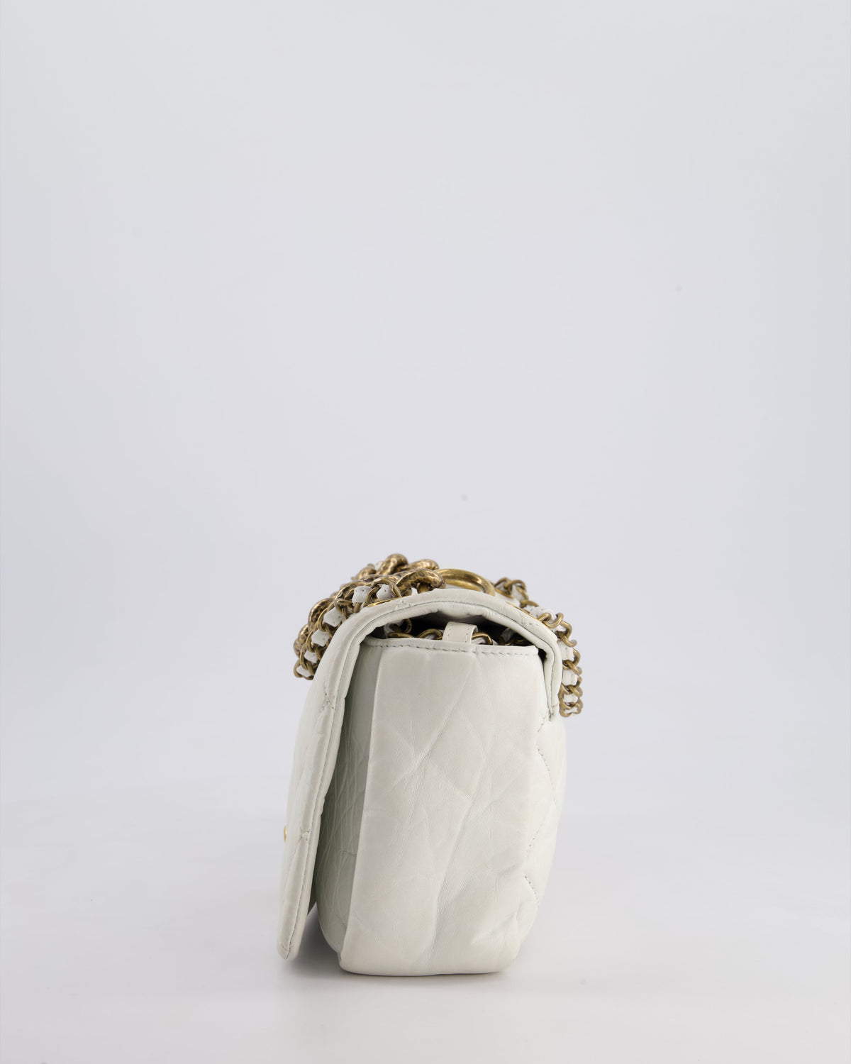 Chanel White Single Flap Bag Aged Calfskin Leather with Antique Gold Hardware