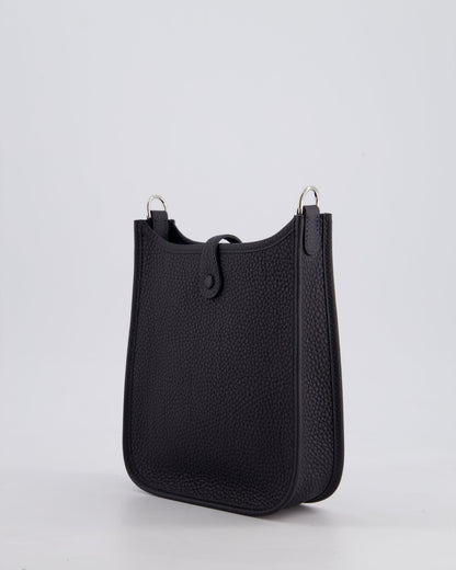 Hermès Mini Evelyne 16 Bag in Caban Clemence Leather with Palladium Hardware & Blue Zanzibar/Caban Wool Strap