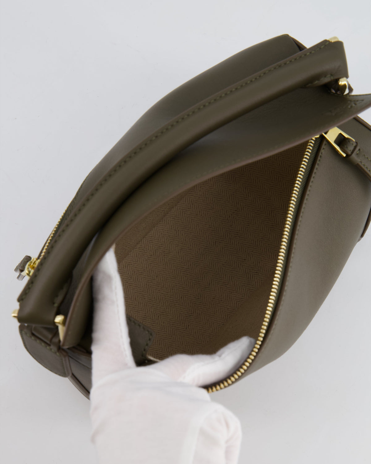 Loewe Small Puzzle Edge Bag in Dark Khaki Smooth Calfskin Leather with Gold Hardware RRP £2,700