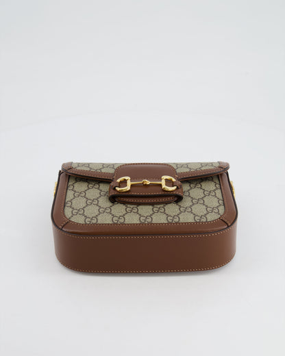 Gucci Horsebit 1955 Small Shoulder Bag in Beige/Dark Brown GG Supreme Monogram Canvas & Brown Leather Trim with Gold Hardware RRP £2,400