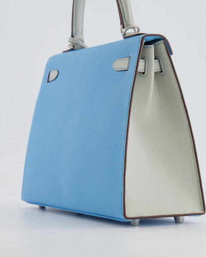 *VERY RARE* Hermès Kelly Sellier HSS 25cm Bag in Bleu Celeste and Gris Perle Chèvre Leather with Contrast Stitching and Brushed Palladium Hardware