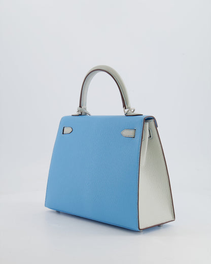 *VERY RARE* Hermès Kelly Sellier HSS 25cm Bag in Bleu Celeste and Gris Perle Chèvre Leather with Contrast Stitching and Brushed Palladium Hardware