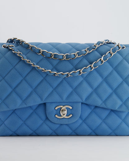 *FIRE PRICE* Chanel Blue Jumbo Classic Double Flap Bag in Caviar Nubuck Leather with Silver Hardware&nbsp;