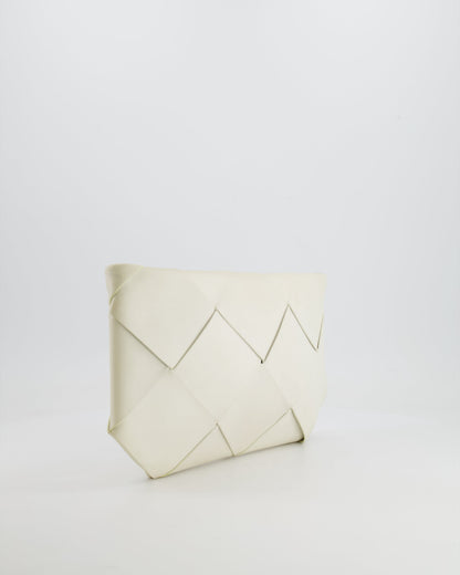 Bottega Veneta White Intrecciato Large Leather Clutch Bag with Silver Hardware