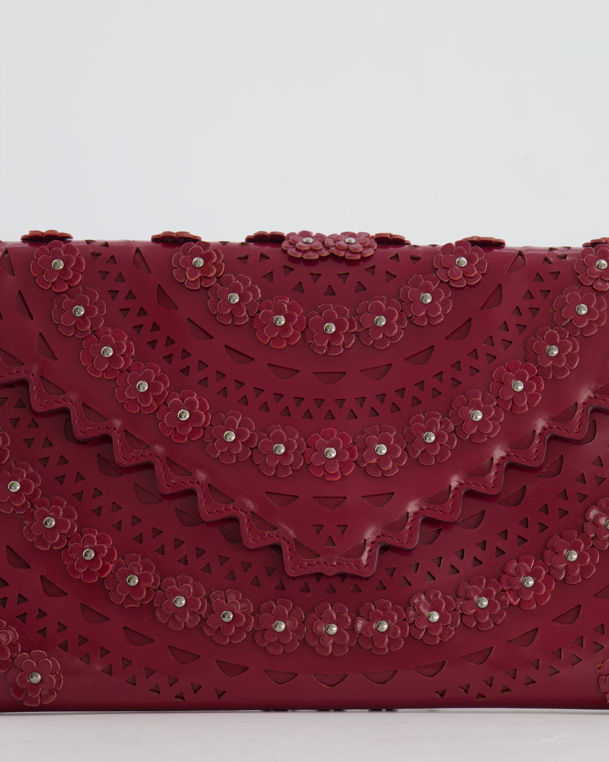 Alaïa Burgundy Patent Leather Floral Oum Clutch Bag with Silver Hardware RRP £2,200