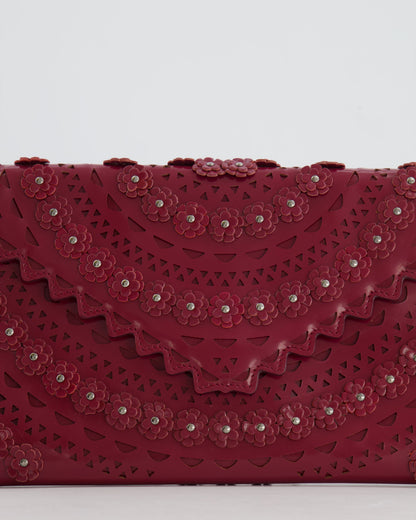 Alaïa Burgundy Patent Leather Floral Oum Clutch Bag with Silver Hardware RRP £2,200