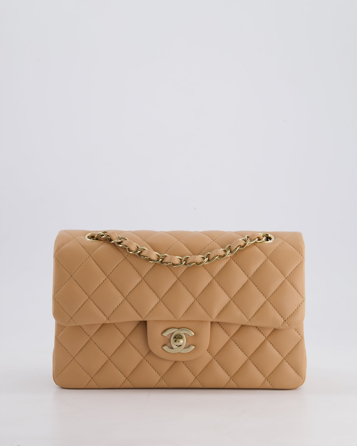 Chanel Beige Small Classic Double Flap Bag in Lambskin Leather with Champagne Gold Hardware
