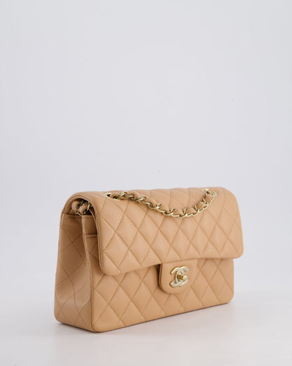 Chanel Beige Small Classic Double Flap Bag in Lambskin Leather with Champagne Gold Hardware