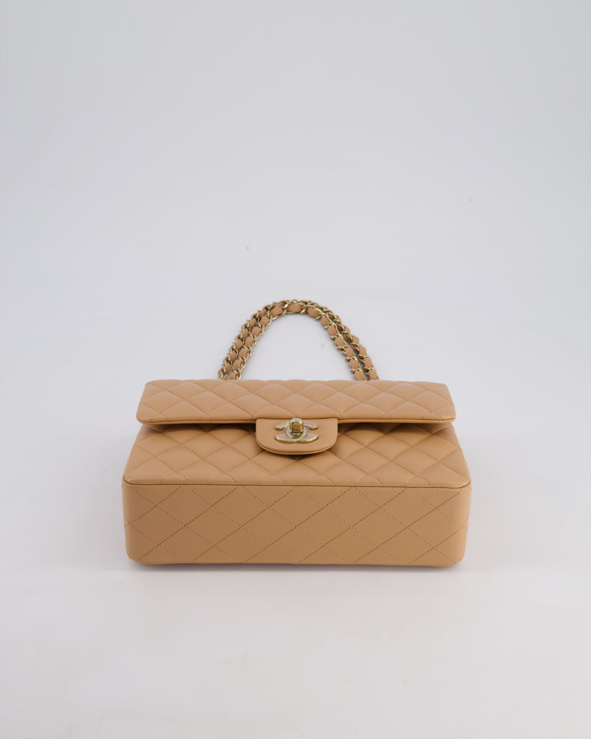 Chanel Beige Small Classic Double Flap Bag in Lambskin Leather with Champagne Gold Hardware