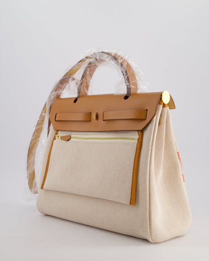 Hermès Herbag Zip Retourne 31 Chaine D'Ancre Bag in Orange Mécano & Ecru Quadrille Toille Canvas, Natural Hunter Leather with Gold Hardware